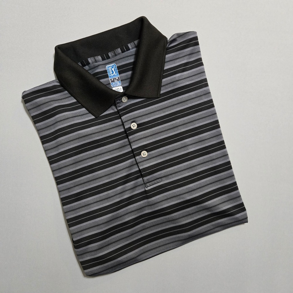 PGA Tour Airflux Polo Shirt Mens XL Grey Black‎ Stripe Golf Performance